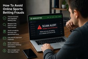 Awareness image showing tips to avoid online sports betting frauds: licensed sites, research platform, avoid false bonuses, secure payments, don’t share info, set a budget; a laptop screen reads SCAM ALERT in a betting site.