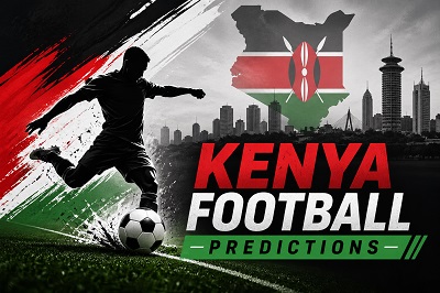 Silhouette of a soccer player kicking a ball in front of Nairobi skyline and the Kenyan flag map, with bold 'KENYA FOOTBALL PREDICTIONS' text.