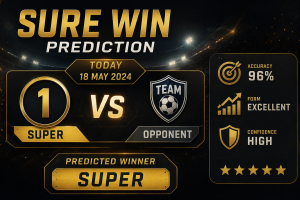 Infographic announcing a sure-win prediction for today, showing a 1 vs opponent layout with a gold 'SUPER' winner label and date 18 May 2024.