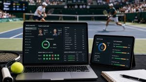 Laptop and tablet on a bench showing tennis match analytics and dashboards on screen