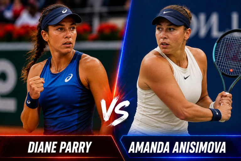 Split-screen image of tennis players Diane Parry (left in blue) and Amanda Anisimova (right in white) facing off, with a bold 'VS' graphic in the center.