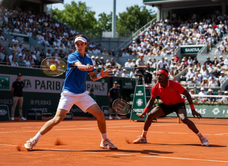 Tennis match on a clay court with a blue-jersey player preparing a backhand while a red-jersey opponent lunges to the side as the ball approaches. Large crowd watches from stands.