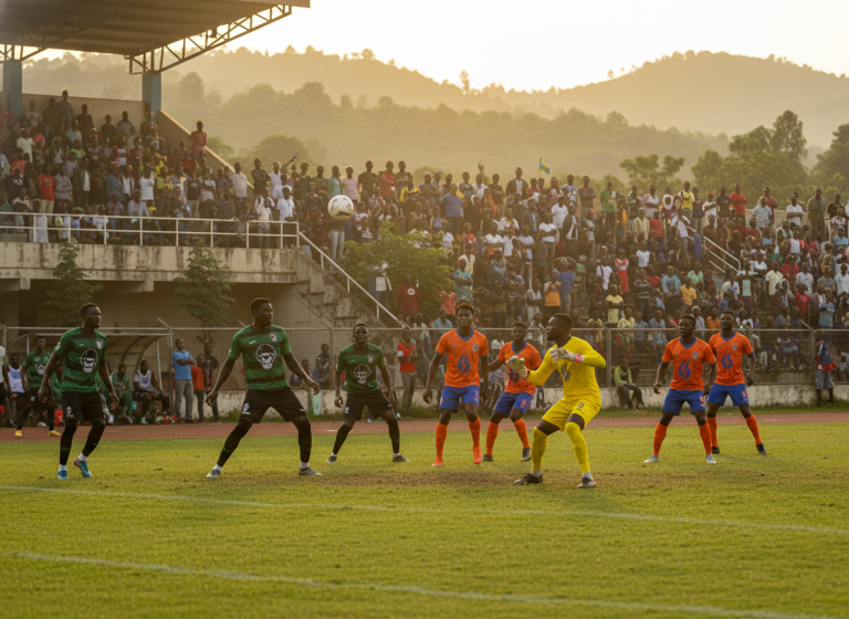 Soccer match on a sunny field with players in green and orange jerseys and a crowded stands in the background.