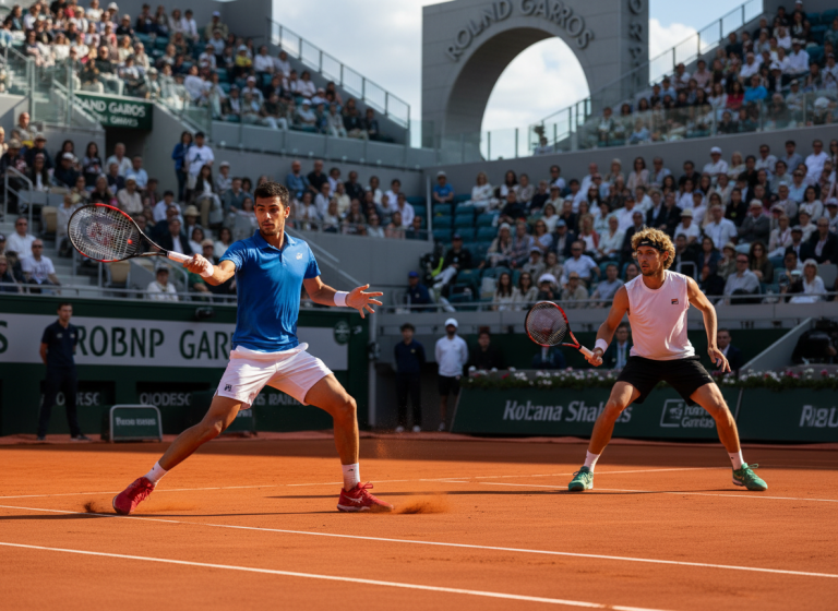 Two male tennis players on a clay court during a match; the player in blue lunges to hit a forehand while the opponent in white watches from the right with his racket ready.