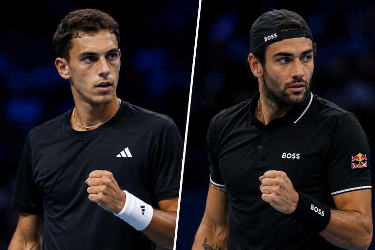 Two male tennis players in black shirts split by a diagonal line, both with clenched fists.