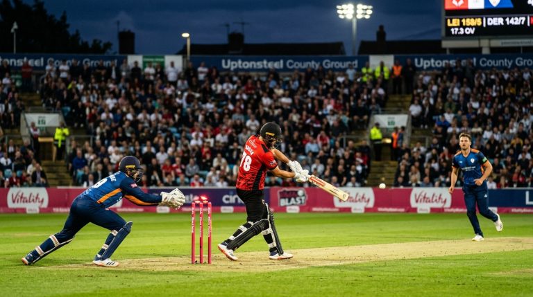 Cricketer in red and black drives the ball as wicketkeeper in blue dives to stop it near the pink stumps; crowd in the stands at night.