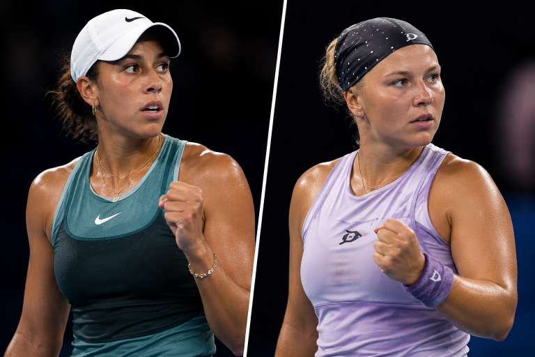 Two female tennis players facing each other in a split-screen pose, both with fists clenched in a pre-match or post-point gesture, wearing athletic tops and visors, sweat gleaming on their shoulders.