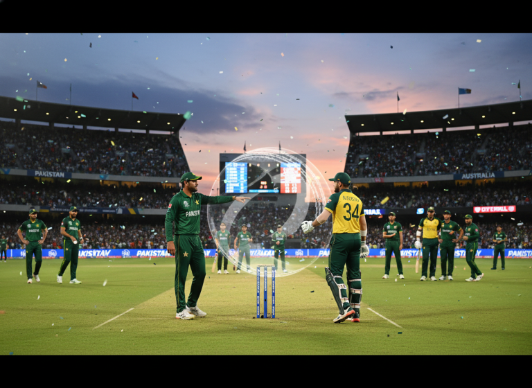 Cricket players in green and yellow stand near the crease as confetti falls in a packed stadium at dusk.