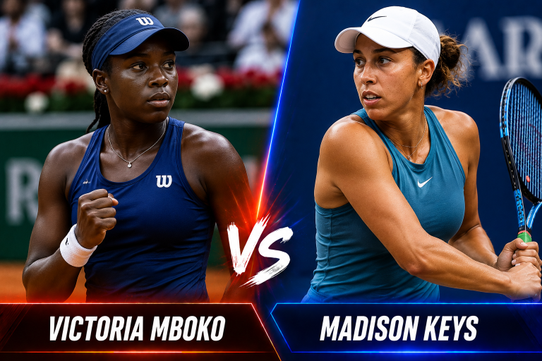 Split-screen image of Victoria Mboko (left) and Madison Keys (right) facing off in a tennis match, with a bold VS in the center and their names below each side.