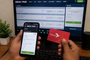 Hands hold a red bkash card and a smartphone displaying a deposit form, with a MEGA PARI betting dashboard on a laptop screen in the background.