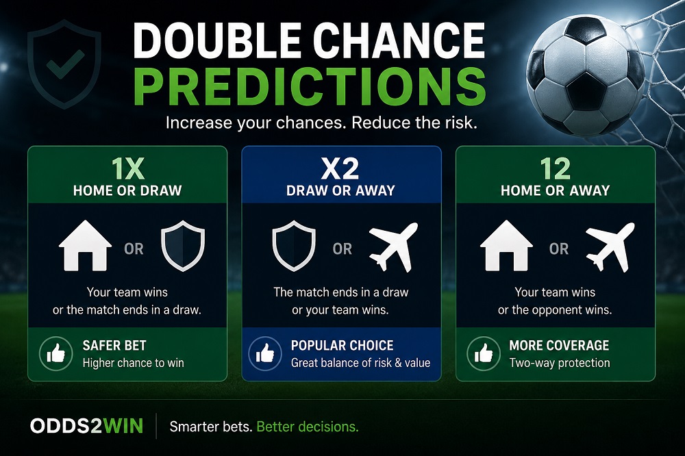 Double chance football predictions board with 1X, X2 and 12 betting markets