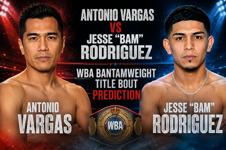 Poster-style image promoting a boxing match: Antonio Vargas vs Jesse 'Bam' Rodriguez for the WBA bantamweight title, with 'Prediction' text and a championship belt in the center.