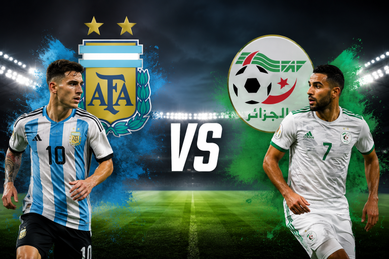 Argentina and Algeria national teams face off in a stylized stadium poster, with players in team kits and a bold VS in the center.