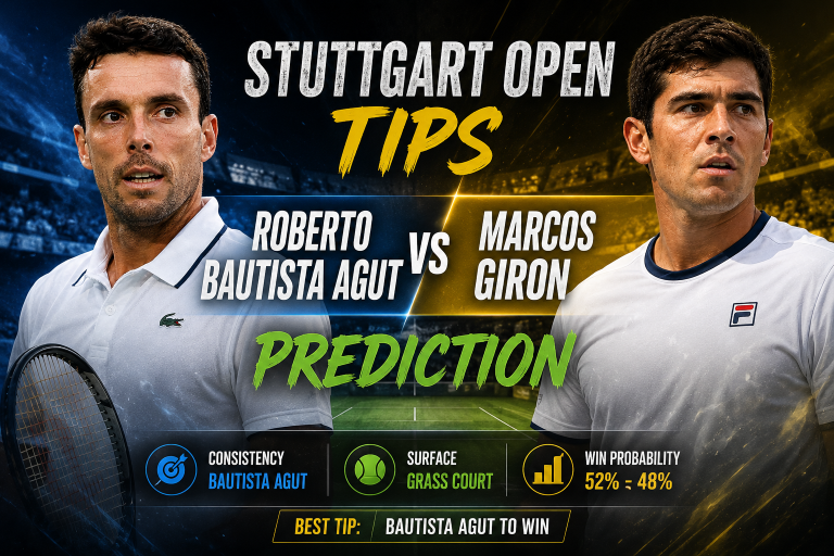 Promotional poster for Stuttgart Open with two male tennis players facing each other; bold 'TIPS' and 'PREDICTION' across the middle.