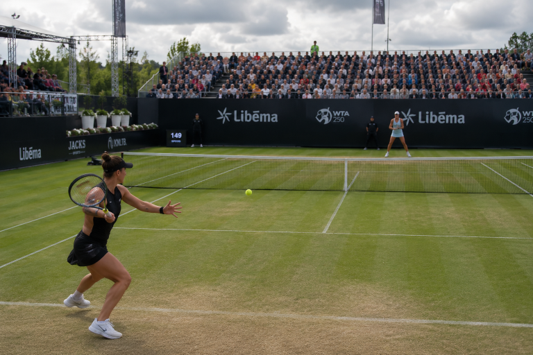 Female tennis player in black outfit lunges to hit a forehand on a grass court with a ball mid‑air; spectator stands and sponsor banners in the background.