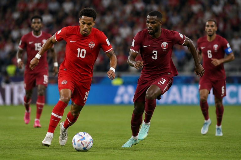Canada player #10 dribbles the ball as defender #3 pursues on a green field with teammates in pursuit in the background