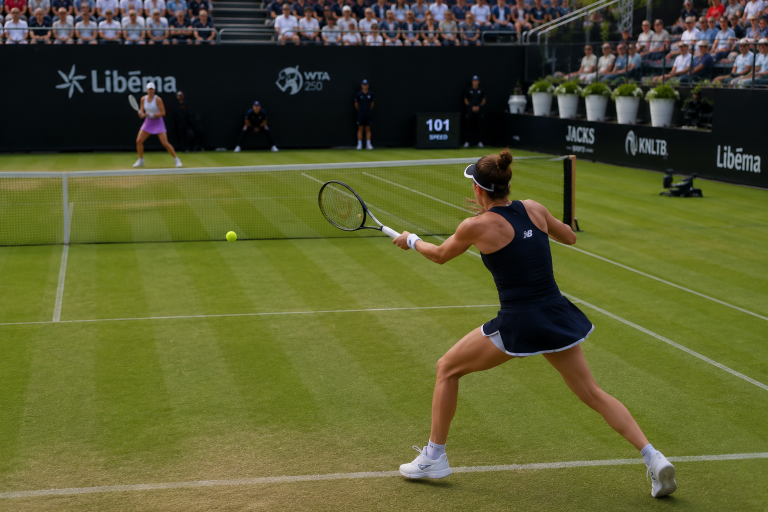 Female tennis player in a dark navy outfit lunges to hit a backhand on a grass court while a crowd watches.