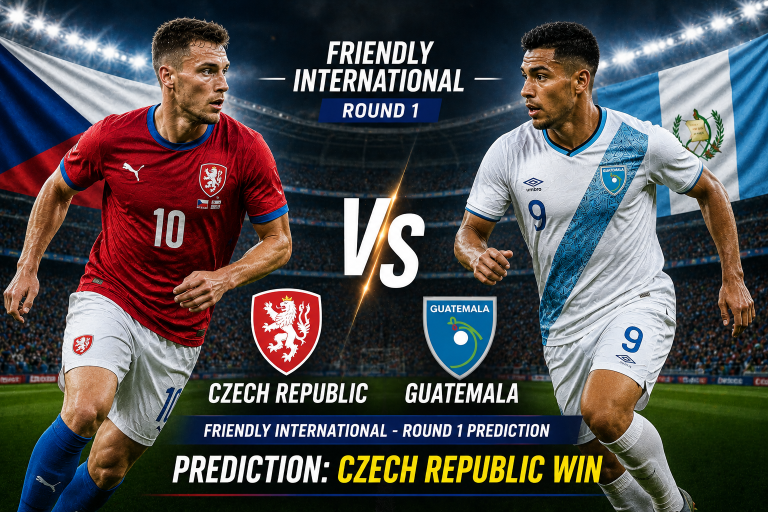 Promotional poster for Czech Republic vs Guatemala football match, with two players, flags, and a bold 'Prediction: Czech Republic Win' banner.