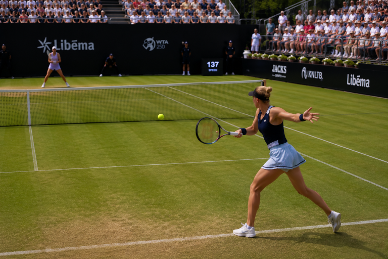 Female tennis player in a navy top and light blue skirt hits a forehand on a grass court during a match, with spectators in the stands behind her.