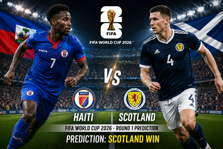 Promotional poster for Haiti vs Scotland at FIFA World Cup 2026 showing two players, flags, and 'Prediction: Scotland Win'.