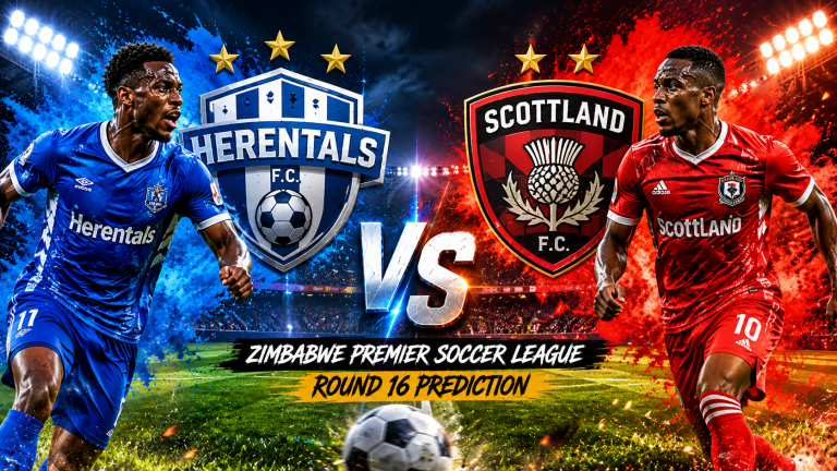 Split poster with a blue Herentals FC player on left and a red Scotland FC player on right, a bold VS in the center and 'Zimbabwe Premier Soccer League Round 16 Prediction' banner beneath