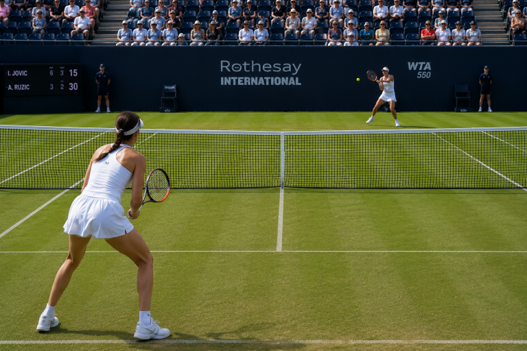 Two female tennis players in white battle on a grass court, net between them, with a crowd watching from stands behind a dark wall reading Rothesay International.