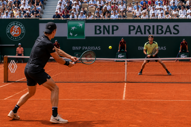 Two male tennis players duel at the net on a clay court as a crowd watches the match behind them, with BNP Paribas branding in the background.