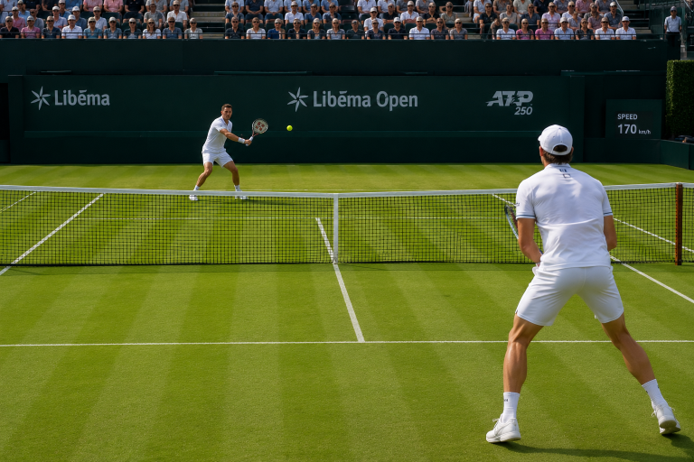 Two male players in white outfits play tennis across a grass court at Libéma Open, with a net between them and a seated audience in the stands.
