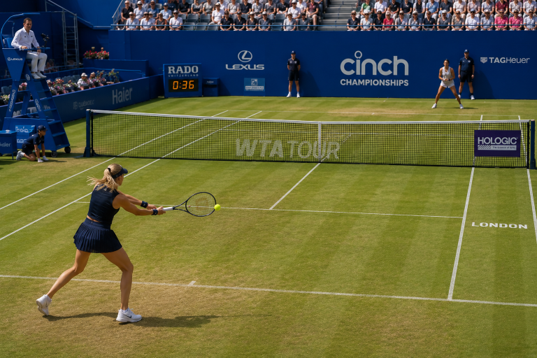 Female tennis player in a navy outfit hits a forehand on a grass court during a WTA Tour match, with spectators in the stands behind the court.
