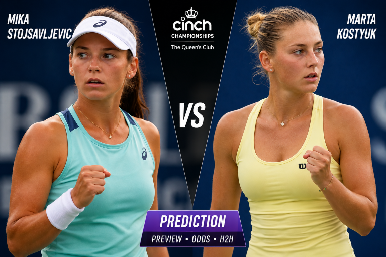 Mika Stojšavljević and Marta Kostyuk face off in a Cinch Championships promo; centered VS symbol with a purple 'Prediction' banner below.