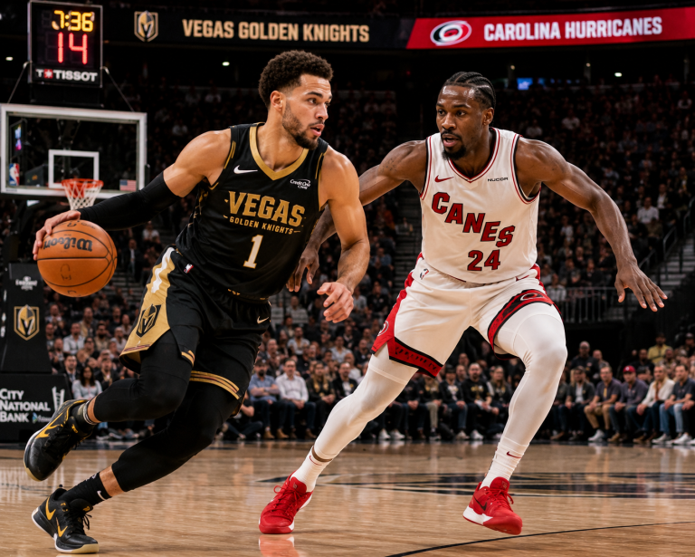 Basketball player in black Vegas uniform dribbles toward the basket while guarding by a Cane in white, on an indoor court with a crowd.