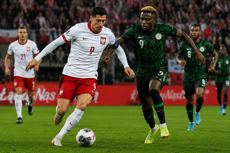 Polish player in white shirt #9 and red shorts contests the ball against a Nigerian opponent in green-black kit during a crowded match stadium scene.