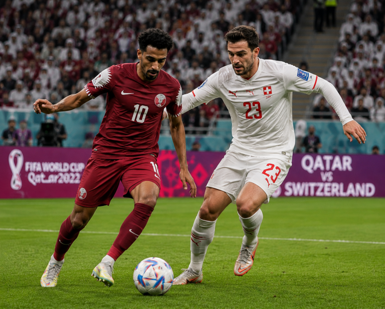 Two soccer players contest the ball during a World Cup match: Qatar (maroon, #10) vs Switzerland (white, #23).