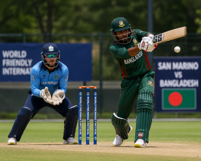 Bangladesh batsman in green drives the ball as the blue-clad wicketkeeper crouches behind the stumps behind him.
