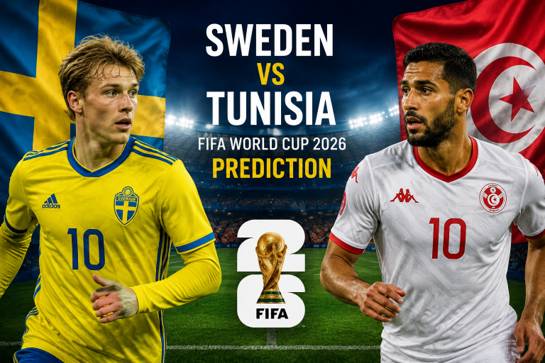 Sweden vs Tunisia FIFA World Cup 2026 prediction: Swedish player in yellow faces Tunisian player in white with flags in the background and 'Prediction' text