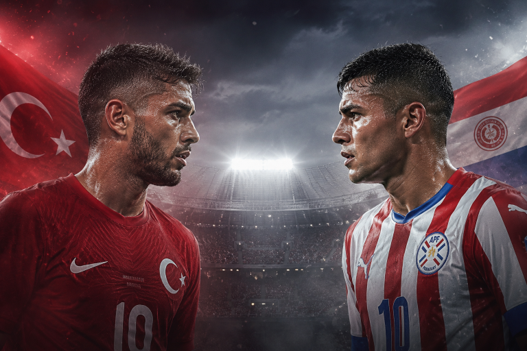 Two soccer players face off on a dramatic stadium stage, with Turkish and Paraguayan flags in the background and bright stadium lights overhead.