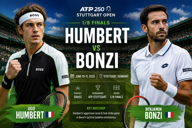 Promotional poster for ATP 250 Stuttgart Open: Humbert vs Bonzi in the 1/8 finals, with two players on a tennis stadium backdrop.
