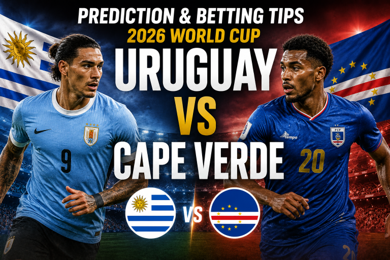 Match poster for Uruguay vs Cape Verde with two players, flags in the background and 'Prediction & Betting Tips' headline