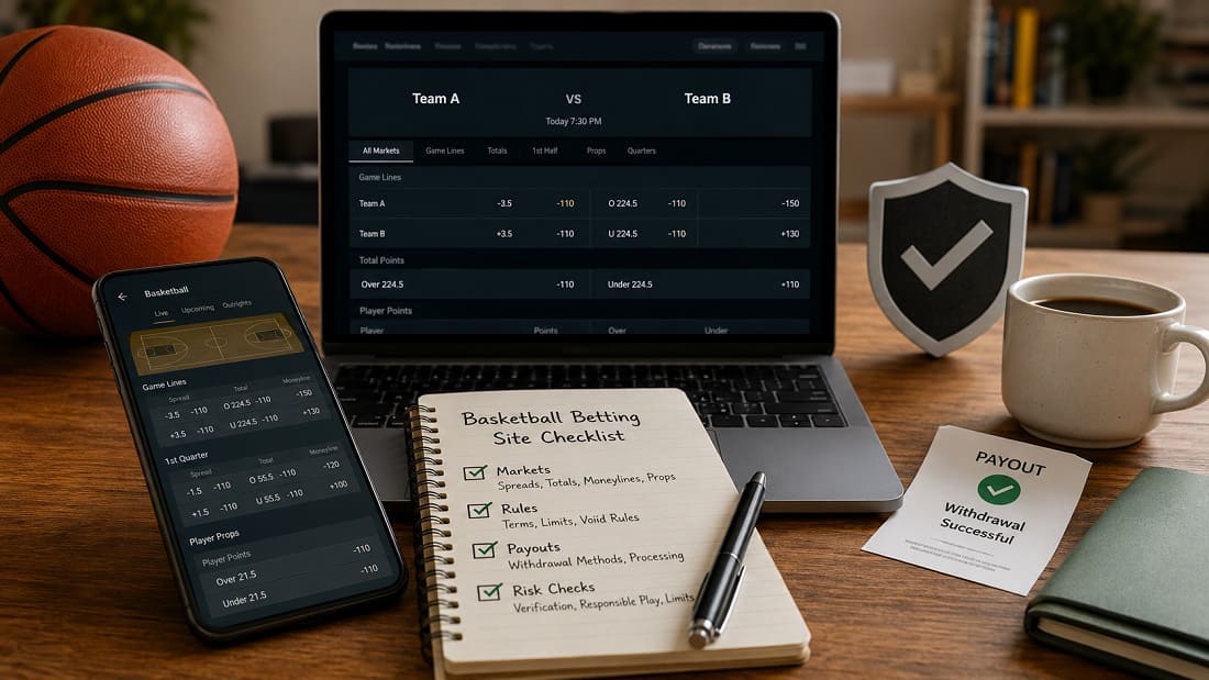Basketball betting site checklist covering markets, rules, payout terms and risk controls