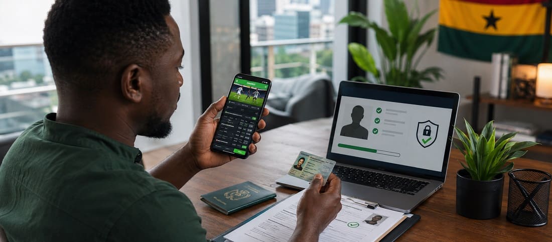 Ghanaian bettor reviewing an online betting account and identity verification