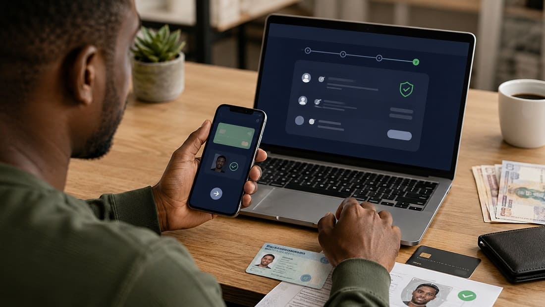 Person reviewing identity and payment verification details on a smartphone and laptop beside identification documents and payment cards