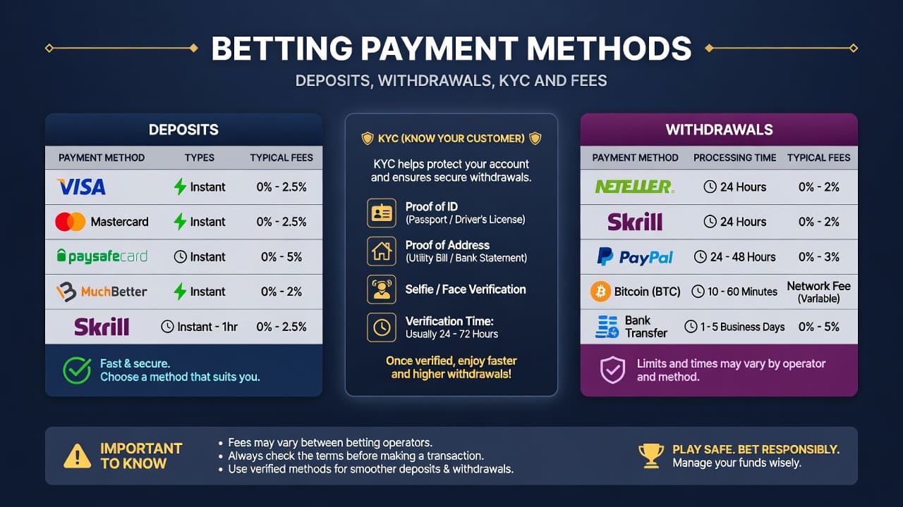 Online payment methods used for betting deposits and withdrawals