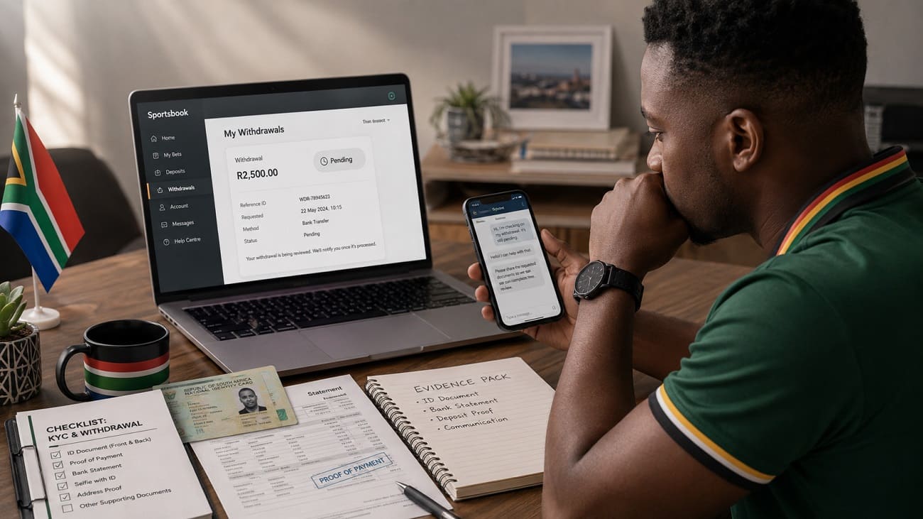 Betting customer checking a pending withdrawal and verification records in South Africa