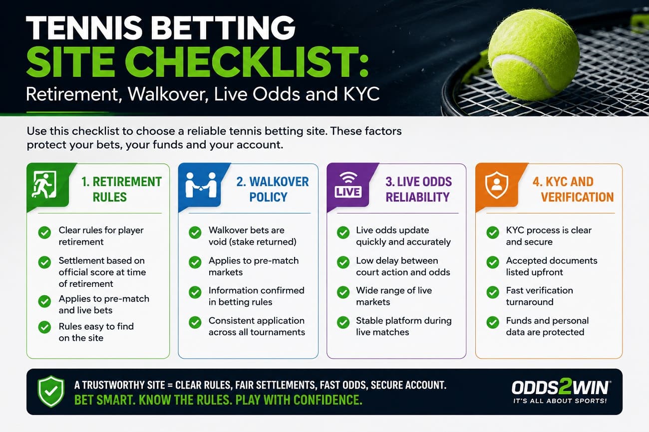 Tennis betting site checklist infographic covering retirement rules, walkover policy, live odds and KYC verification