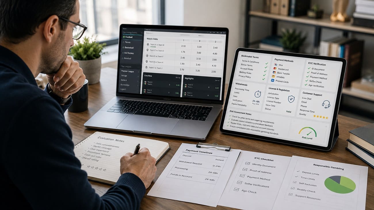Bookmaker review methodology focused on operator checks, payments, verification and betting terms