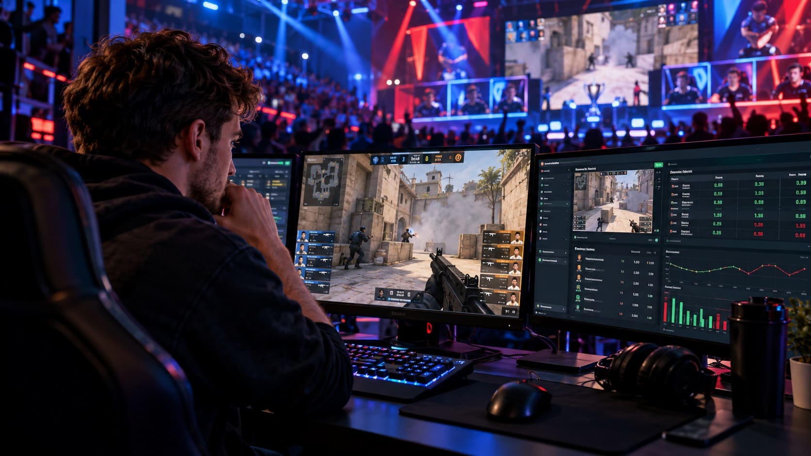 Counter-Strike 2 player analysing a competitive match on multiple monitors