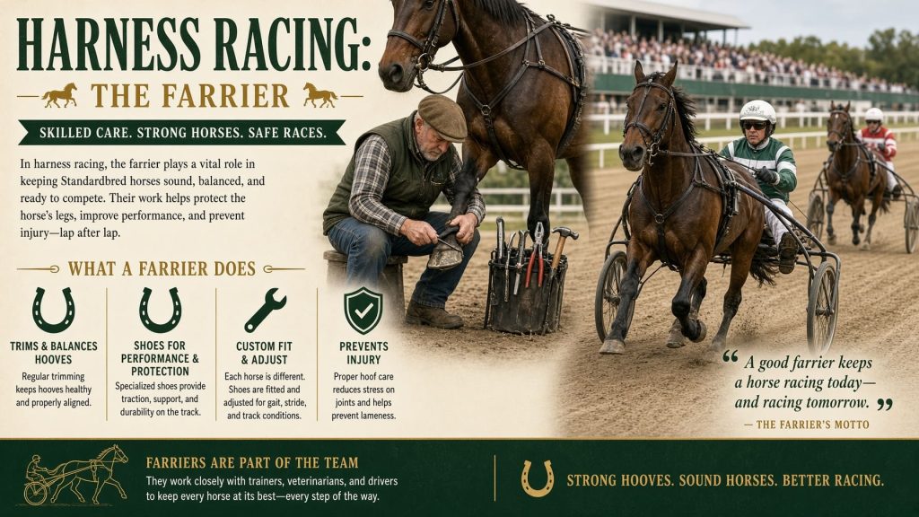 Farrier working with a Standardbred horse used in harness racing